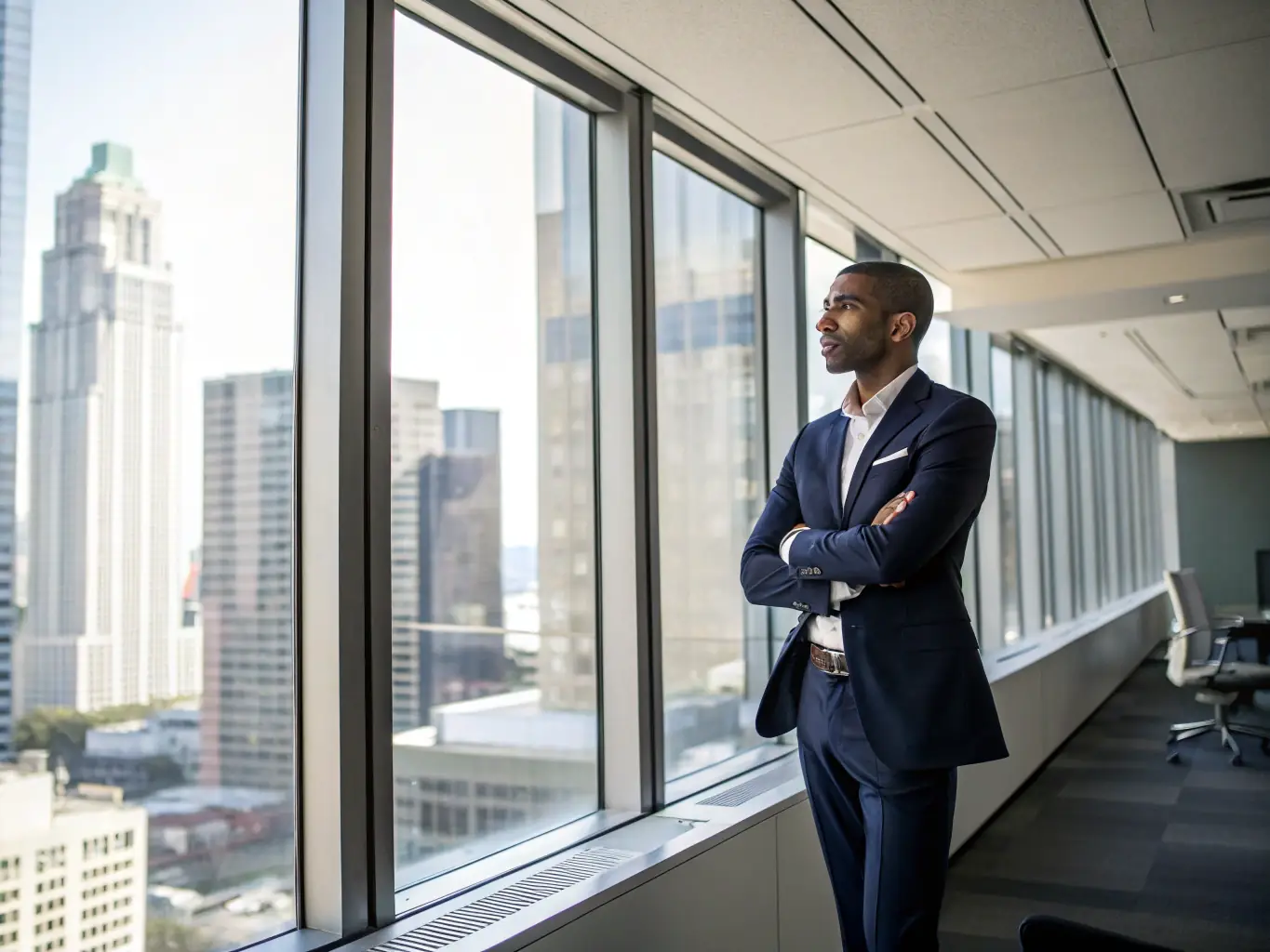 An executive is confidently holding their new resume, with a cityscape visible in the background, representing their ambition and leadership. The image conveys a sense of authority and success.