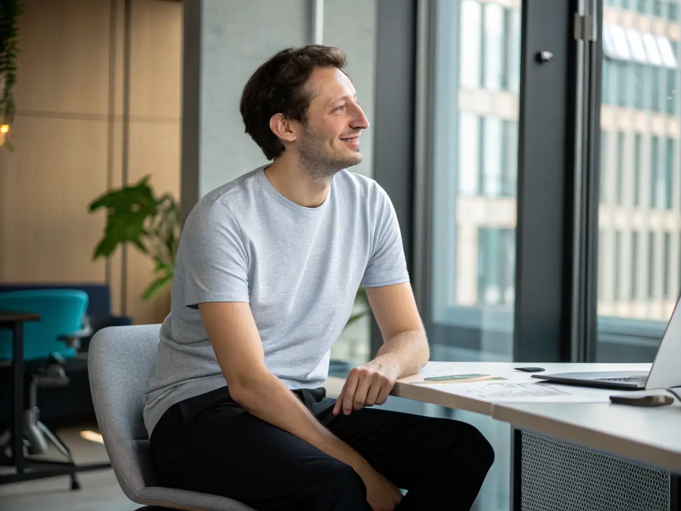 A mid-career professional is reviewing their updated resume, looking confident and satisfied with the improvements made. The background shows a modern office setting, symbolizing career advancement.